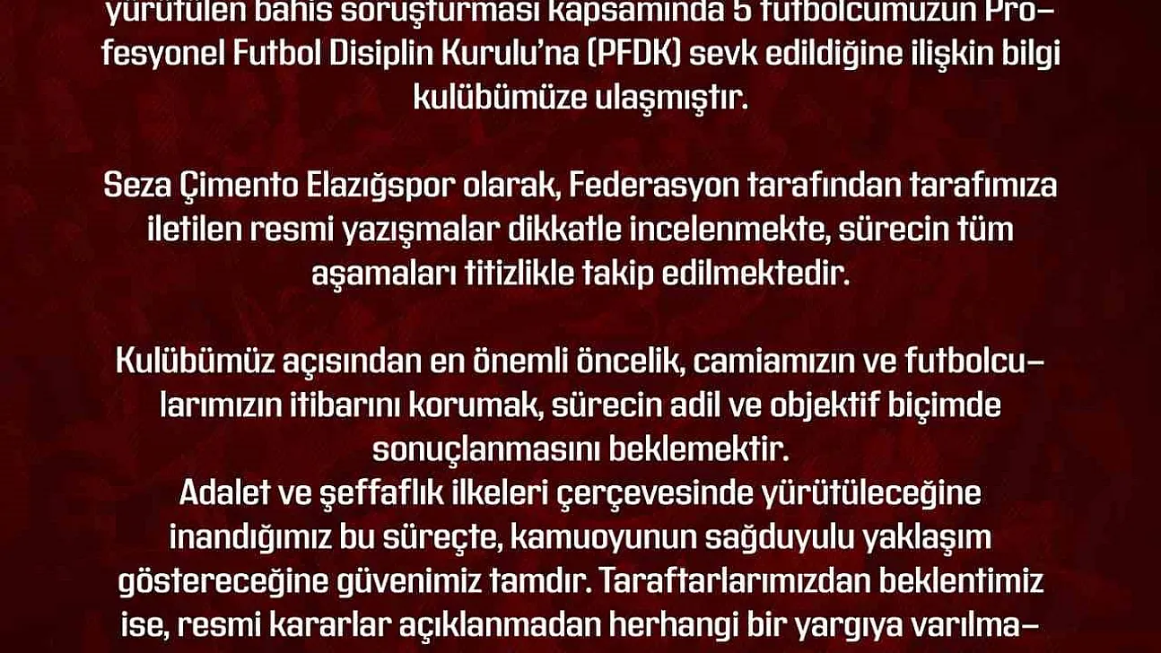 Elazığspor: 'Gelişmeler kulübümüz tarafından izlenmekte'