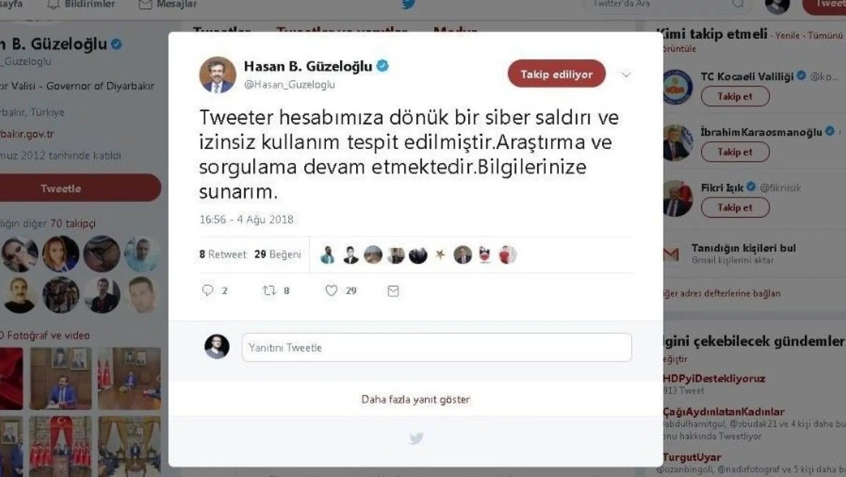 Diyarbakır Valisi Güzeloğlu'nun resmi twitter hesabı hacklendi
