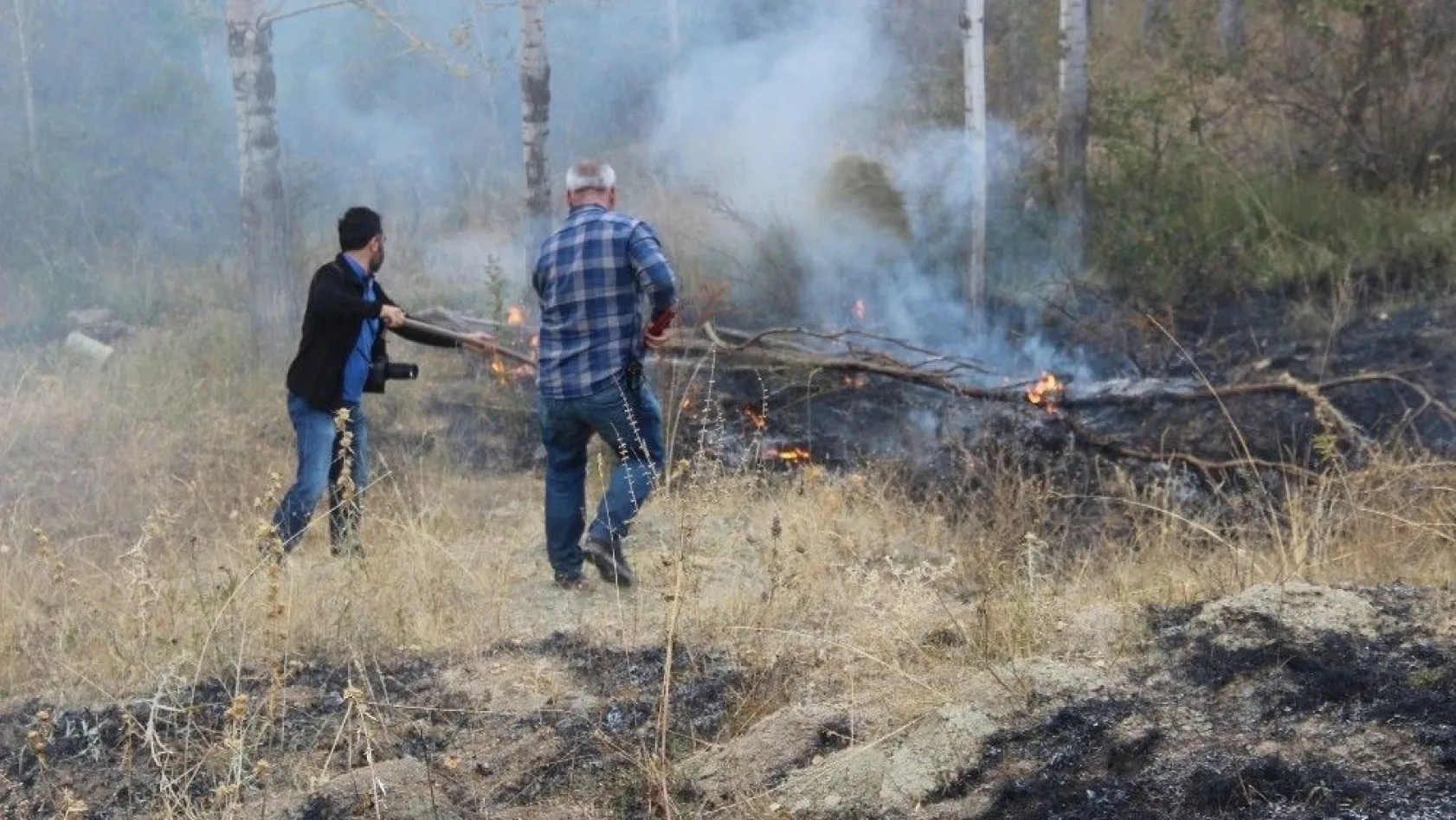 Yangını ormana sıçramadan gazeteciler söndürdü
