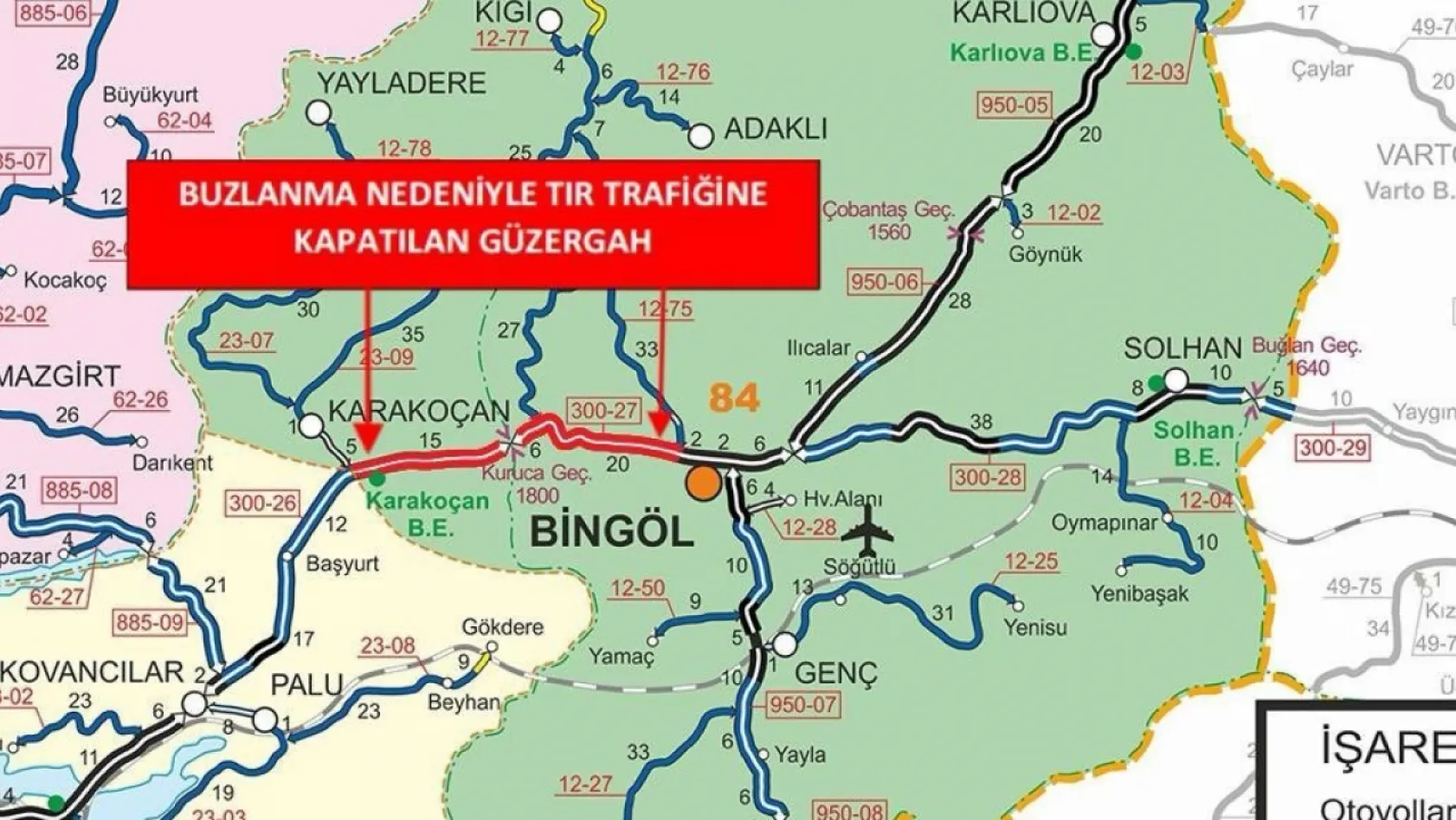 Bingöl - Elazığ karayolu buzlanma nedeniyle tır trafiğine kapatıldı