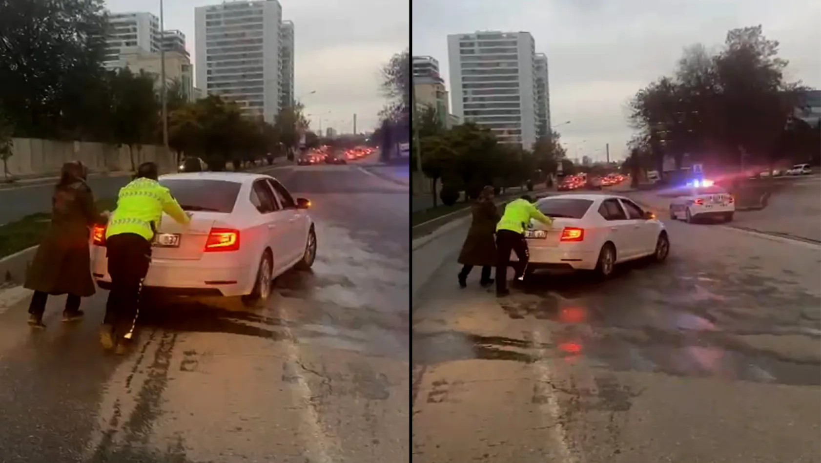 Kadın sürücünün yardımına polis yetişti