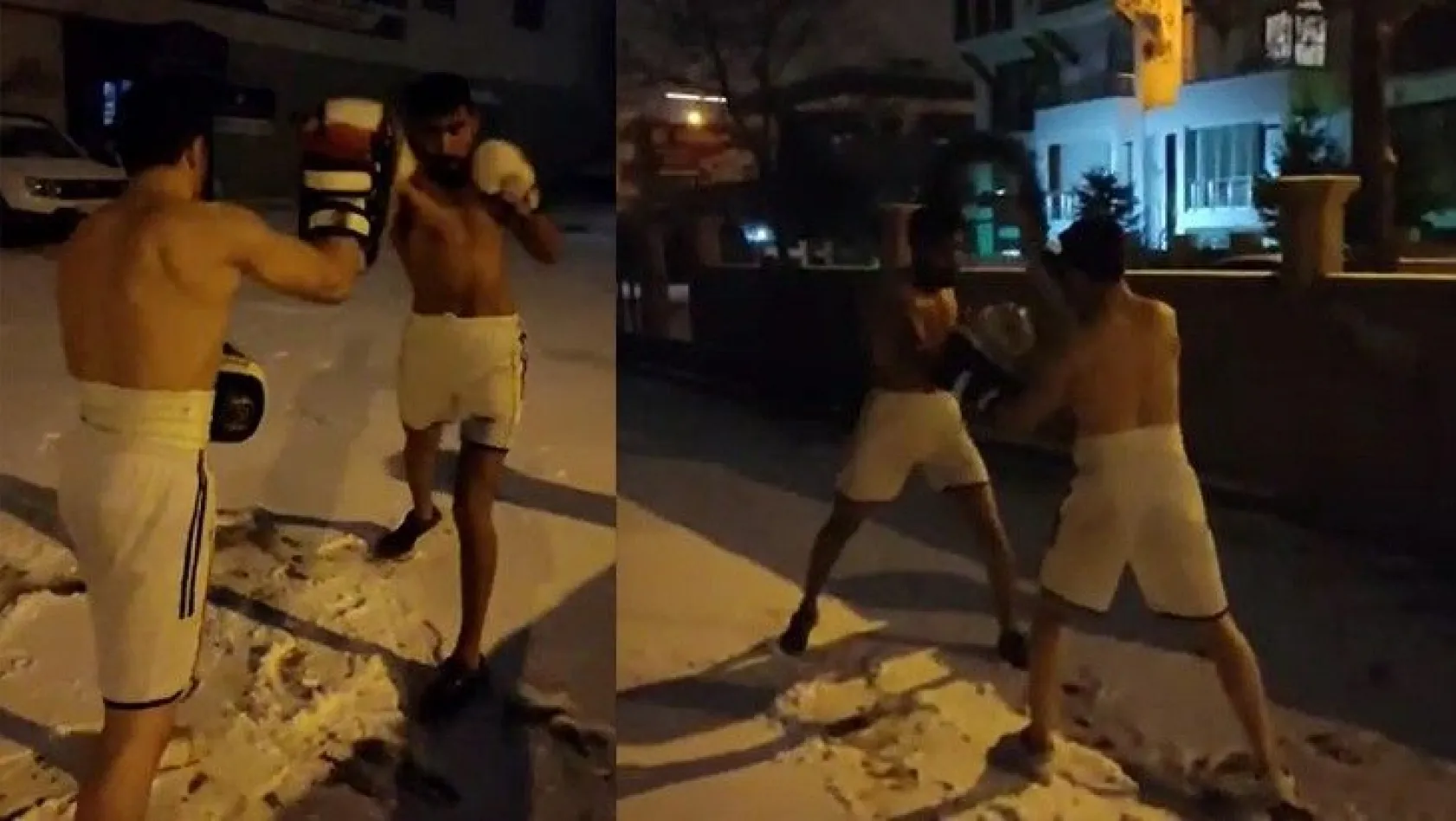 Soğuğa aldırmadan sokakta kick boks yaptılar