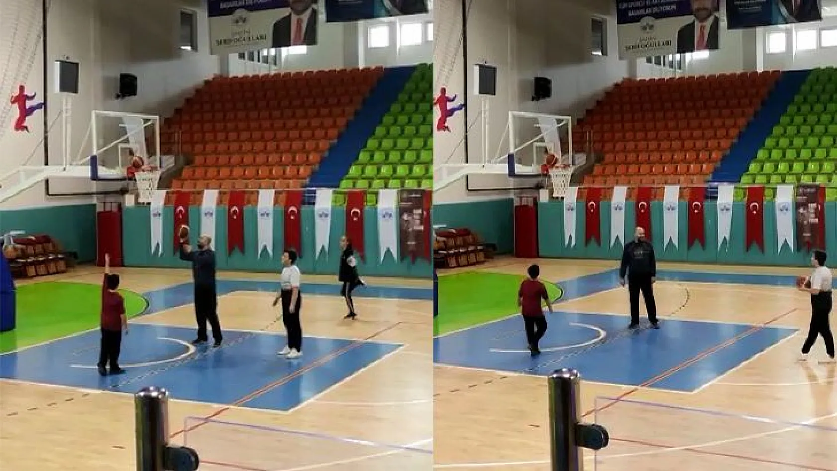 Minik basketbolcunun attığı top, potada 'asılı' kaldı