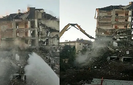 Hasarlı bina kontrollü şekilde yıkıldı