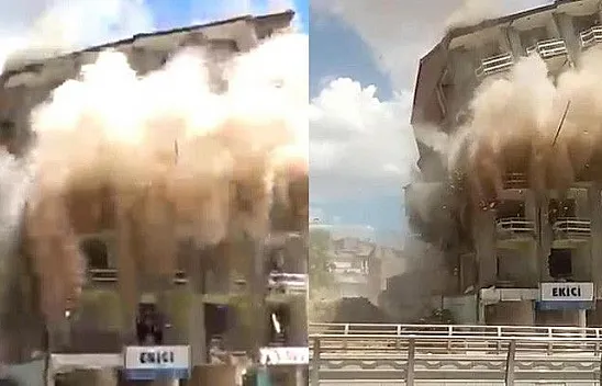 Kontrollü yıkımda hasarlı bina böyle çöktü