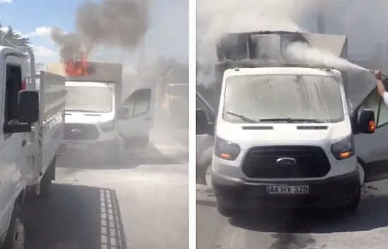 Seyir halindeki pikap alev aldı