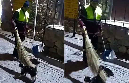 Temizlik görevlisi ile kedi arasındaki dostluk