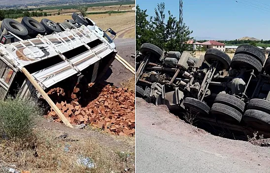 Tuğla yüklü kamyon devrildi