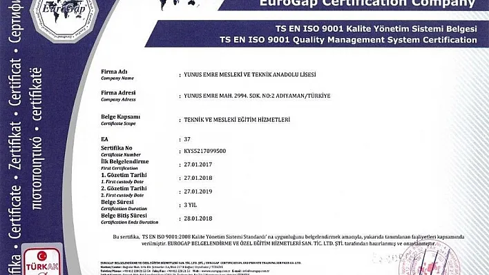 Adıyaman'ın ISO 9001 ve OHSAS 18001 belgeli ilk lisesi belli oldu
