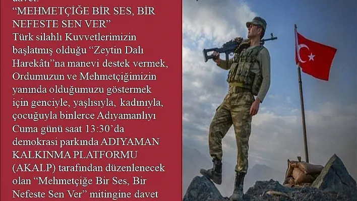 Mehmetçiğe Destek mitingi düzenlenecek
