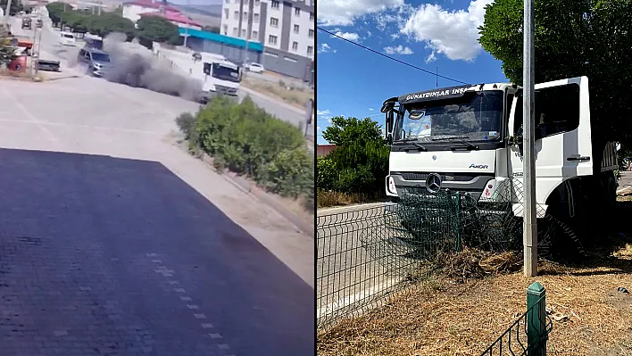 Elazığ'da lastiği patlayan kamyon güçlükle durabildi