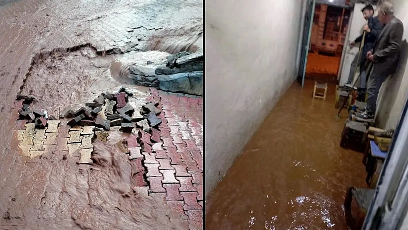 Elazığ'da iş yerlerini su bastı, yollar zarar gördü