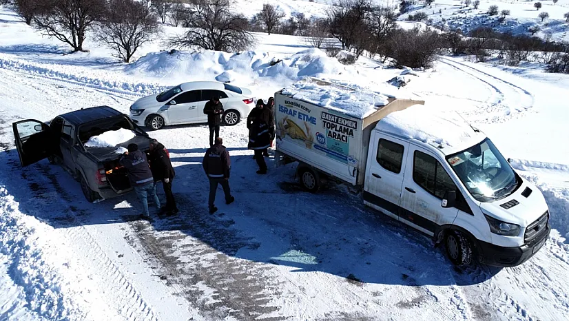 Karlı yollar açılıyor, sahipsiz hayvanlar besleniyor