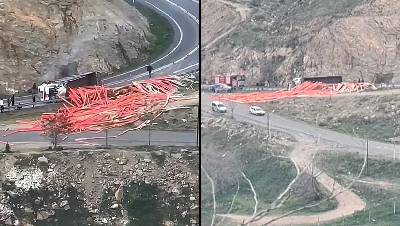 Virajı alamayan kamyon devrildi