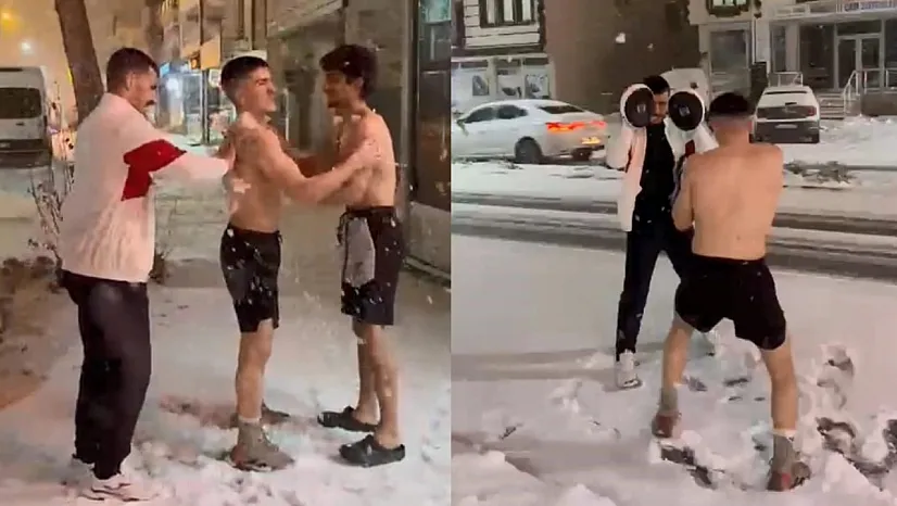 Yağan kar altında, sıcak antrenman