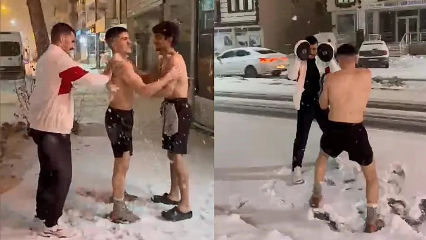 Yağan kar altında, sıcak antrenman